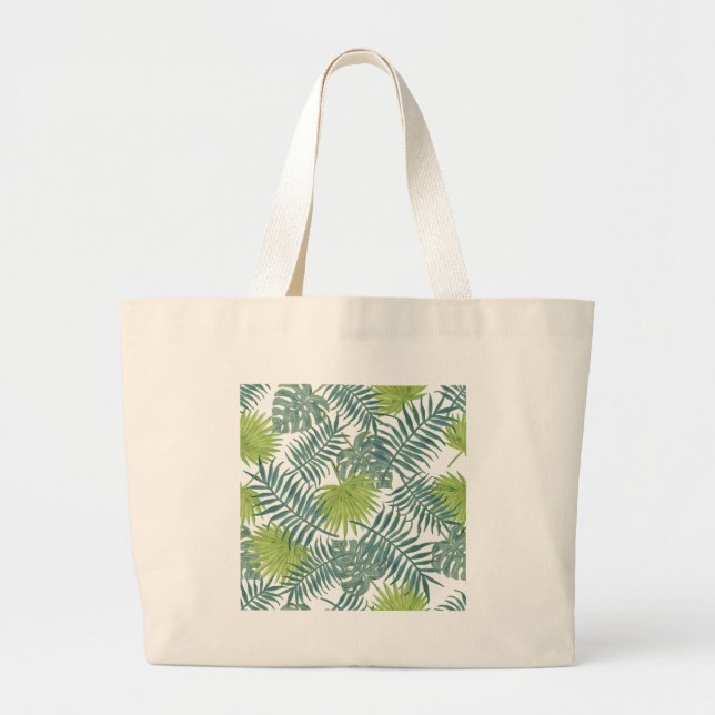 Palm Tree Fronds Painting Hawaiian Large Tote Bag (Front)