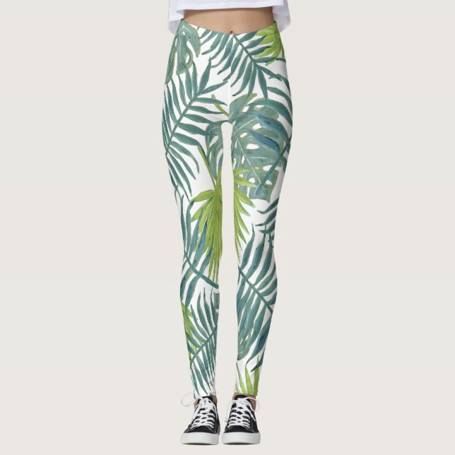 Palm Tree Fronds Painting Hawaiian Leggings (Front)