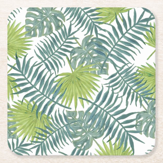 Palm Tree Fronds Painting Hawaiian Square Paper Coaster (Front)