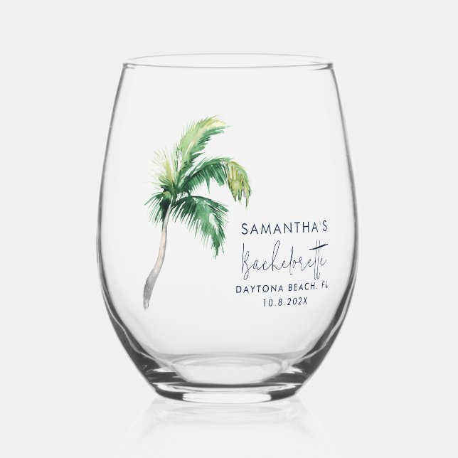 Palm Tree Girls Weekend Coastal Bachelorette Party Stemless Wine Glass (Front)