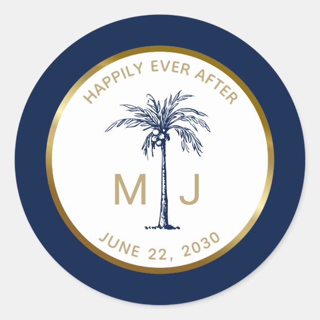 Palm Tree Gold Monogram Tropical Beach Wedding Classic Round Sticker (Front)