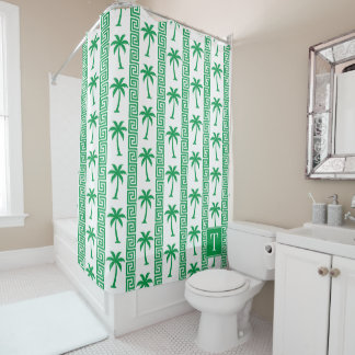 Palm Tree Greek Key Stripe – Green Coastal Preppy Shower Curtain