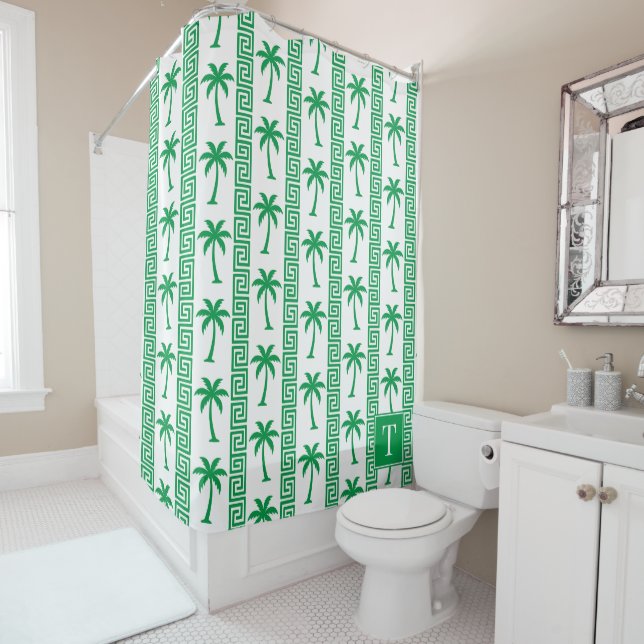 Palm Tree Greek Key Stripe – Green Coastal Preppy Shower Curtain (In Situ)