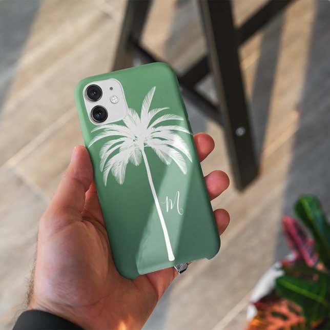 Palm Tree Green White Tropical Elegant Monogram  Case-Mate iPhone Case (Creator Uploaded)