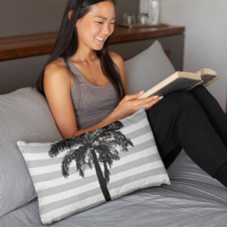 Palm Tree Grey Striped Tropical Exotic Designer Decorative Cushion