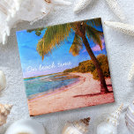 Palm Tree Hawaii Vintage Photo On Beach Time Type Tile<br><div class="desc">“On beach time.” Rewind back to memories of lazy, tropical beach days whenever you use this Hawaii vacation funky, retro, vintage look, distressed ceramic tile of a lone palm tree on a sandy, crescent beach, with clear turquoise blue skies and water. 2 sizes to choose from: 4.25” square or 6”...</div>