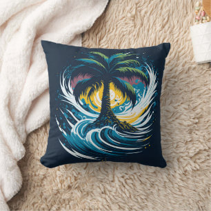 Palm tree in painting style with sea wave cushion