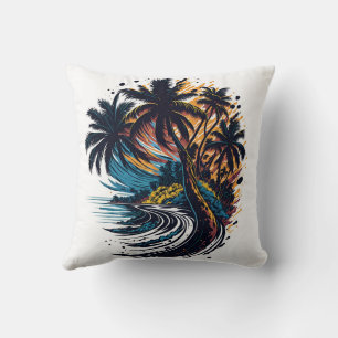 Palm tree in painting style with sea wave cushion