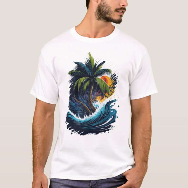 Palm tree in painting style with sea wave T-Shirt (Front)