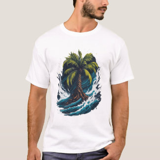 Palm tree in painting style with sea wave T-Shirt