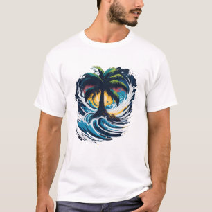 Palm tree in painting style with sea wave T-Shirt