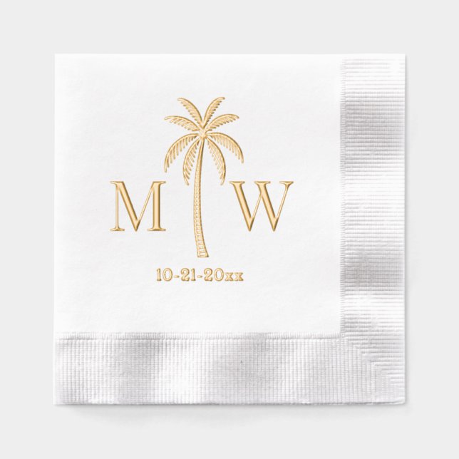 Palm Tree Initial Couple Wedding Monogram Date #5 Foil Napkins (Front)
