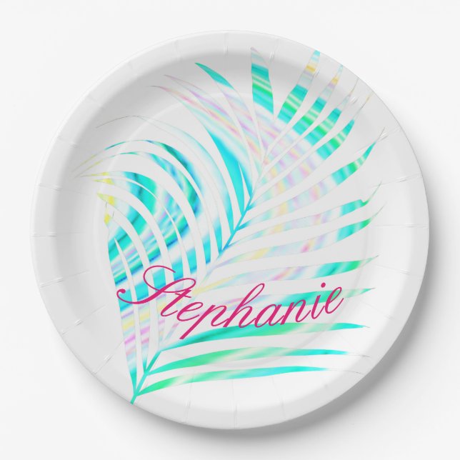 Palm Tree Leaf Patterns Tropical Multicolor Name Paper Plate (Front)