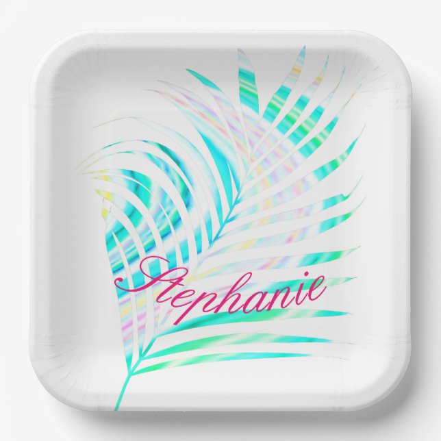 Palm Tree Leaf Patterns Tropical Multicolor Name Paper Plate (Front)