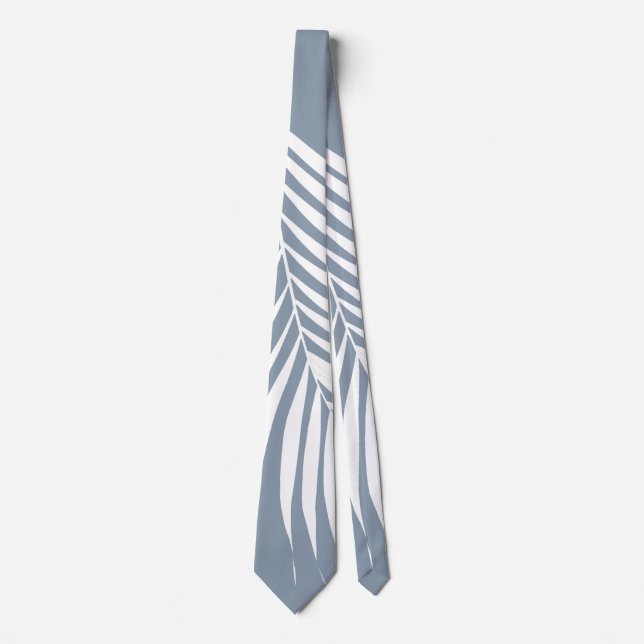 Palm Tree Leaf Tropical Dusty Blue White Abstract Tie (Front)