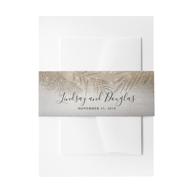 Palm Tree Leaves and Gold Glitter Beach Wedding Invitation Belly Band (Front Example)