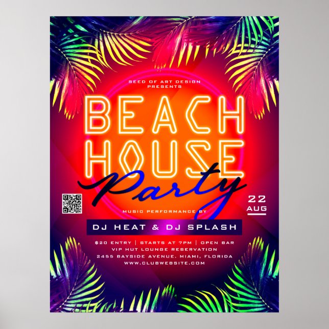 Palm Tree Leaves Beach House Party Club Event Ad Poster (Front)