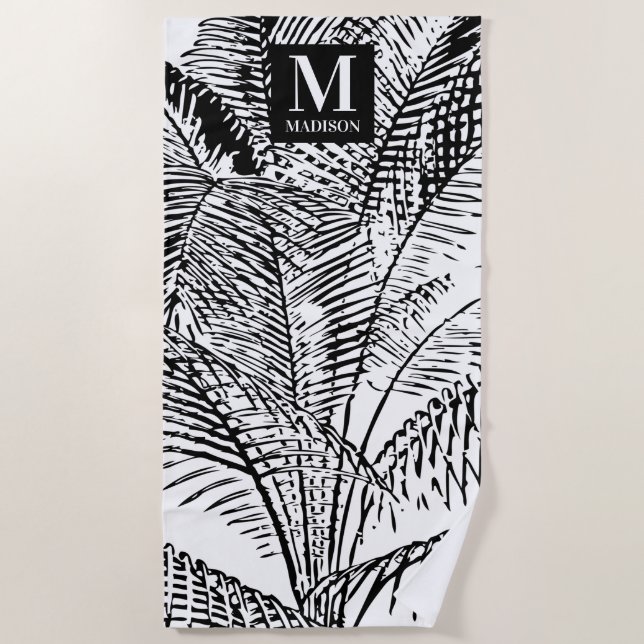 Palm Tree Leaves Black & White Abstract Monogram  Beach Towel (Front)