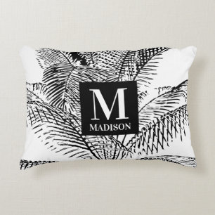 Palm Tree Leaves Black & White Abstract Monogram Decorative Cushion