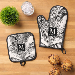 Palm Tree Leaves Black & White Abstract Monogram Oven Mitt & Pot Holder Set