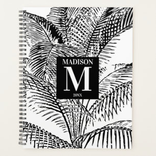 Palm Tree Leaves Black & White Abstract Monogram Planner
