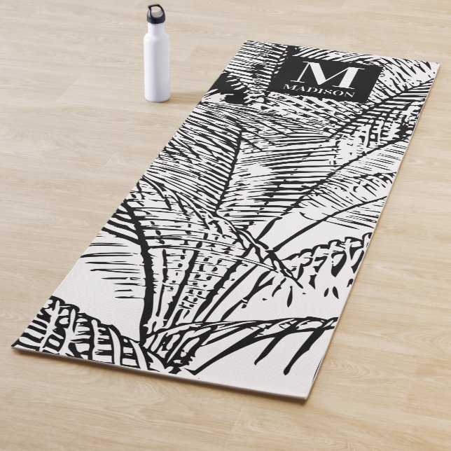 Palm Tree Leaves Black & White Abstract Monogram   Yoga Mat (In Situ)