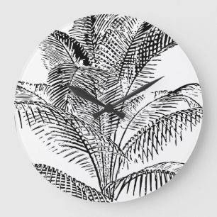 Palm Tree Leaves Black & White Abstract Pattern Large Clock