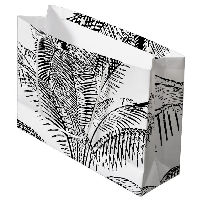 Palm Tree Leaves Black & White Abstract Pattern  Large Gift Bag (Front Angled)