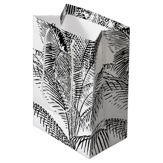Palm Tree Leaves Black & White Abstract Pattern  Medium Gift Bag (Front Angled)