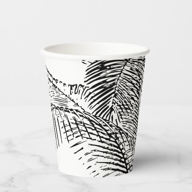 Palm Tree Leaves Black & White Abstract Pattern Paper Cups (Front)