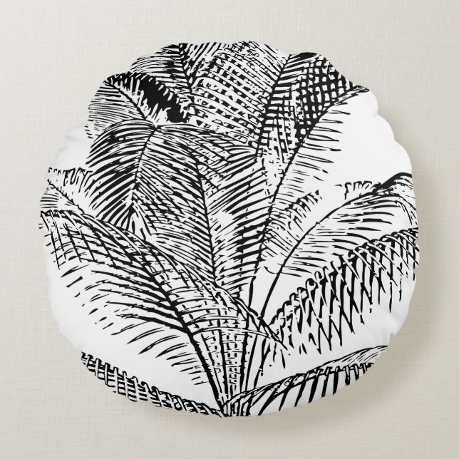 Palm Tree Leaves Black & White Abstract Pattern  Round Cushion (Front)