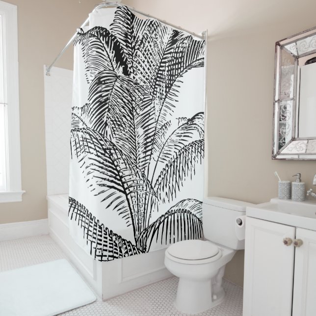 Palm Tree Leaves Black & White Abstract Pattern  Shower Curtain (In Situ)