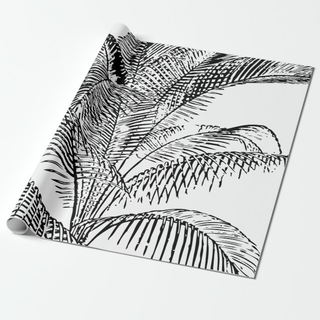 Palm Tree Leaves Black & White Abstract Pattern  Wrapping Paper (Unrolled)