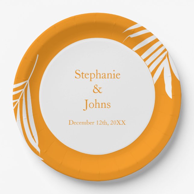 Palm Tree Leaves Orange Art Tropical Cool Wedding Paper Plate (Front)