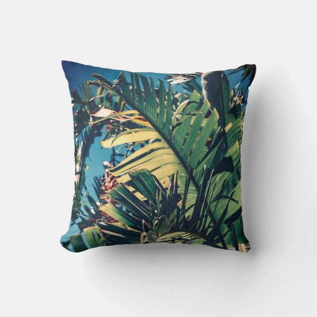Palm Tree Leaves Sun Rays Blue Green Cushion (Front)