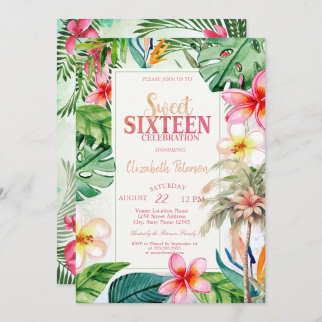 Palm Tree Leaves Tropical Flowers Summer Sweet 16  Invitation (Front/Back)
