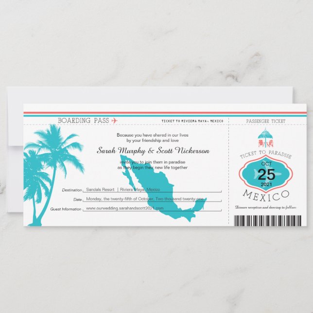 Palm Tree Mexico Boarding Pass Wedding Invitation (Front)
