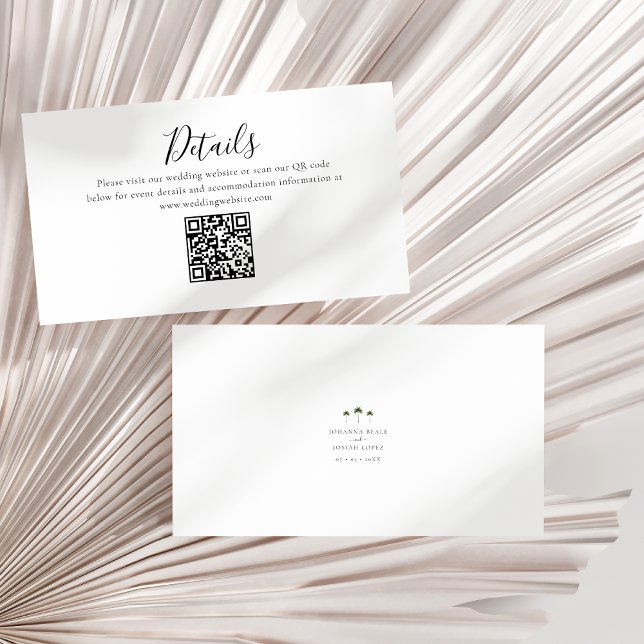 Palm Tree Minimal Script Details QR Code Wedding Enclosure Card (Creator Uploaded)
