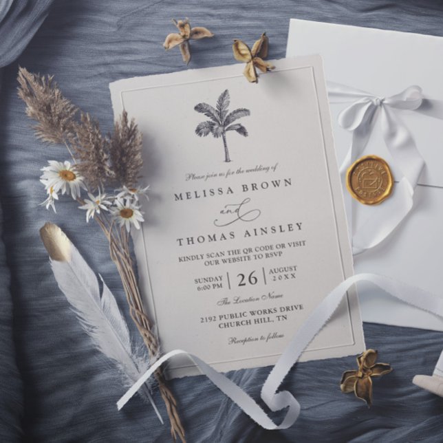 Palm Tree Minimalist Destination QR Code Wedding Invitation (Creator Uploaded)