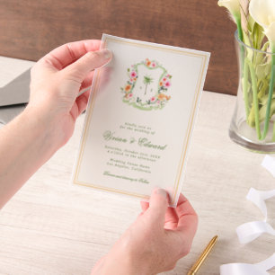 Palm Tree Monogram Crest Vellum Beach Wedding Invitations