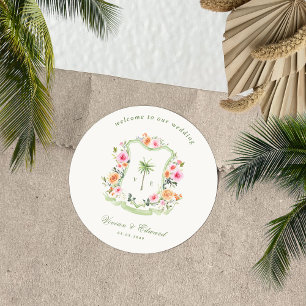 Palm Tree Monogram Tropical Beach Wedding Welcome Classic Round Sticker
