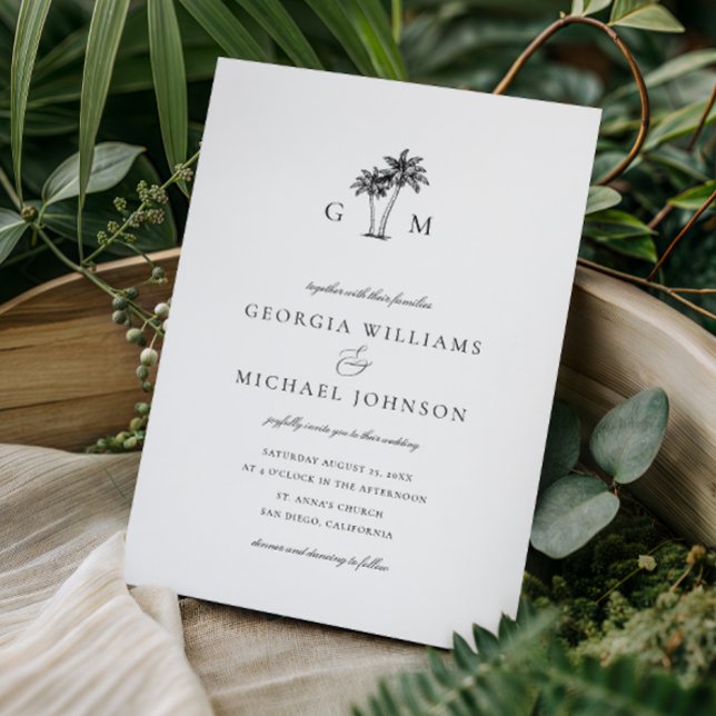Palm Tree Monogram Tropical Destination Wedding Invitation (Creator Uploaded)