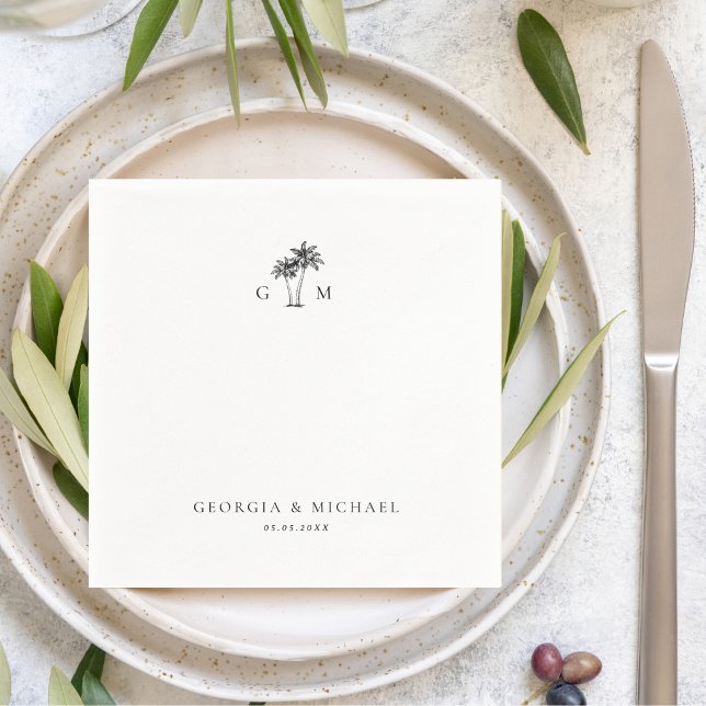 Palm Tree Monogram Tropical Destination Wedding Napkin (Creator Uploaded)