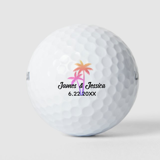 Palm Tree Name and Date Template Wedding Favour Golf Balls (Front)
