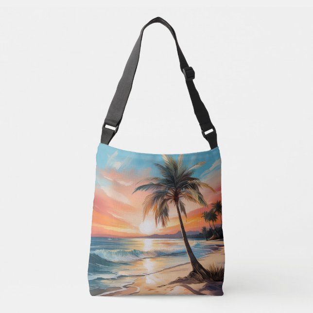 Palm Tree On Tropical Beach At Sunset Crossbody Bag (Front)