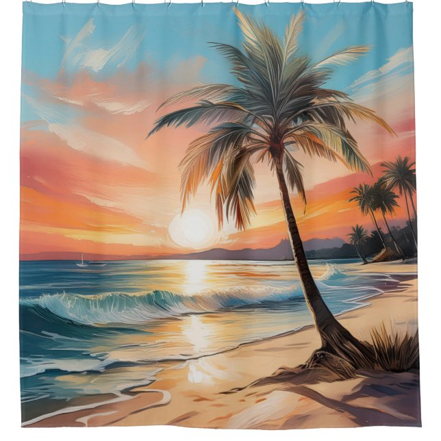 Palm Tree On Tropical Beach At Sunset Shower Curtain (Front)