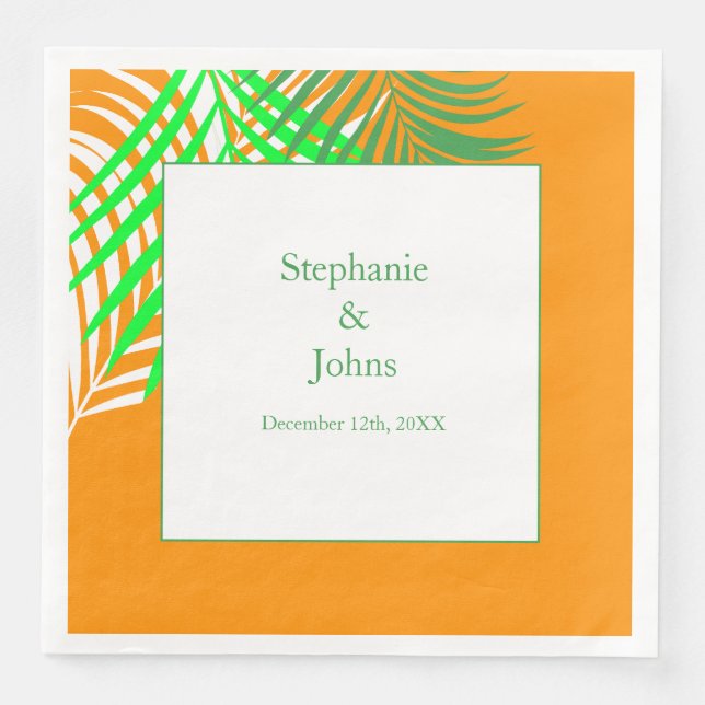 Palm Tree Orange Green Art Leaves Wedding Napkin (Front)