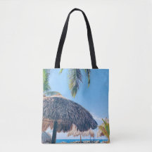 Palm Tree, Palapa & Blue sky on Curacao Beach