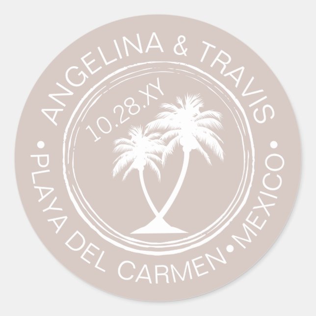 Palm Tree Passport Stamp Beach Wedding Date Classic Round Sticker (Front)