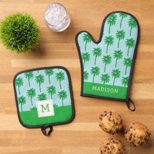 Palm Tree Pattern on Blue Oven Mitt & Pot Holder Set